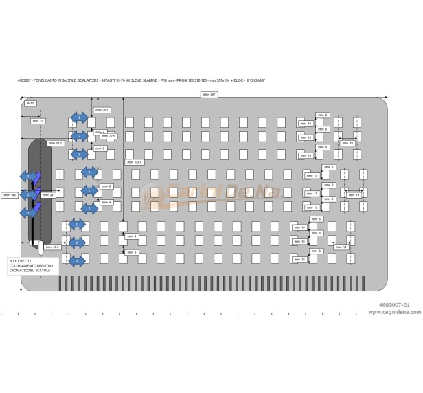 FONDI CANTO IN 3A 3FILE SCALATE312 - 49TASTI(16-17-16) 3LEVE 9LAMINE - P19 mm - PROG.123-312-123 - mm 367x194 + BLOC - 1FON3A93F