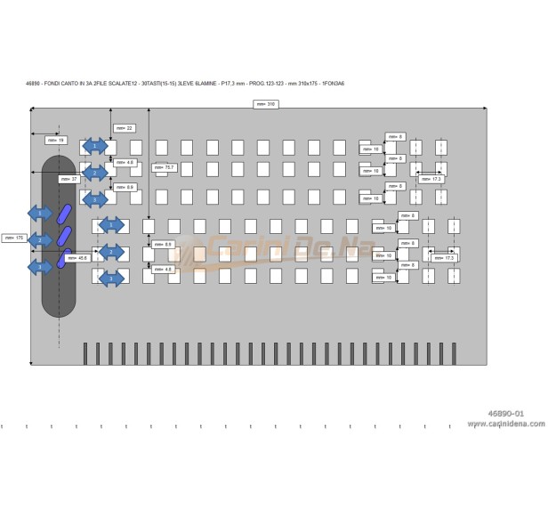 FONDI CANTO IN 3A 2FILE SCALATE12 - 30TASTI(15-15) 3LEVE 6LAMINE - P17,3 mm - PROG.123-123 - mm 310x175 - 1FON3A6