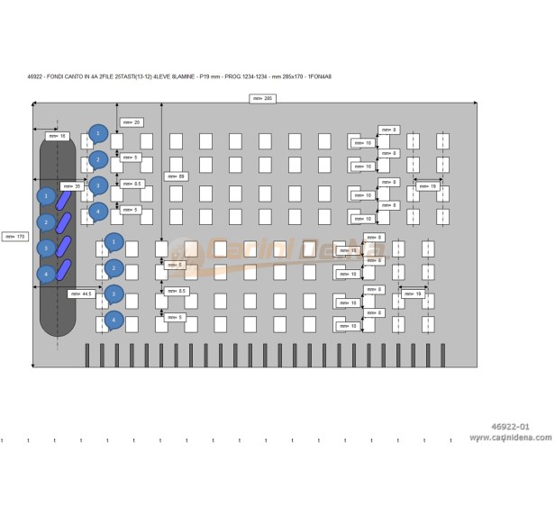 FONDI CANTO IN 4A 2FILE 25TASTI(13-12) 4LEVE 8LAMINE - P19 mm - PROG.1234-1234 - mm 285x170 - 1FON4A8